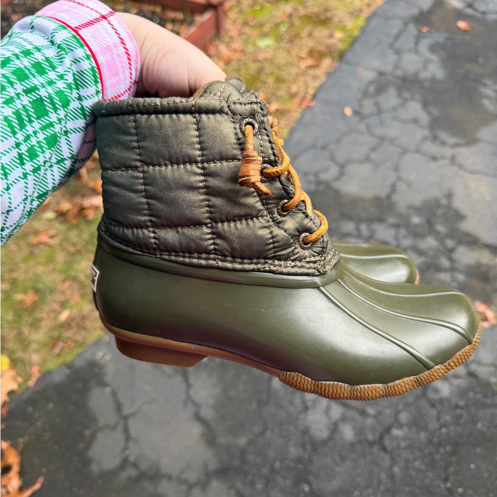 Green Quilted Duck Boots with Tan Laces
